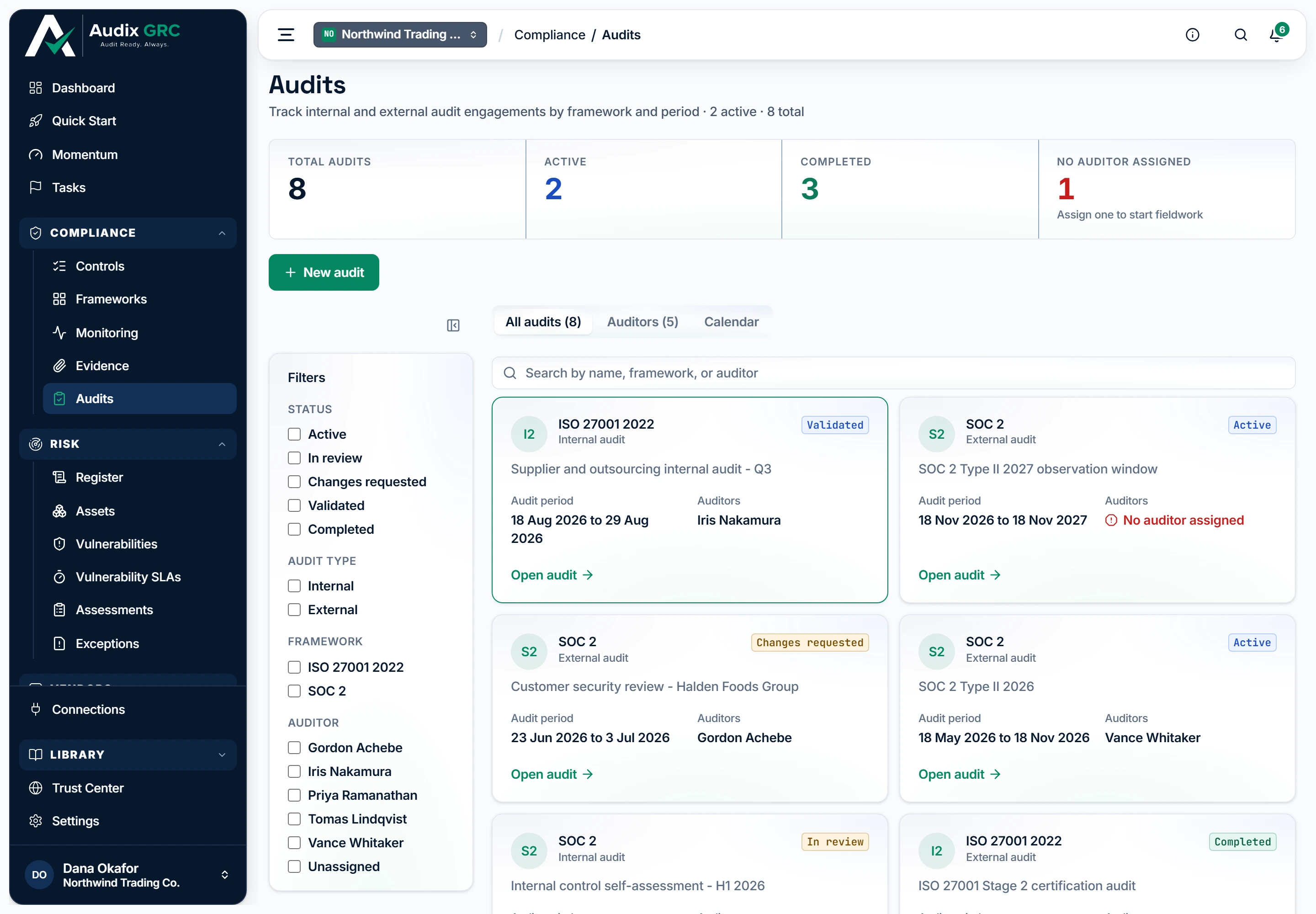 Every audit the organisation has run or is running. The rail on the left filters by status, type, framework and auditor, and all three views read the same filtered set.