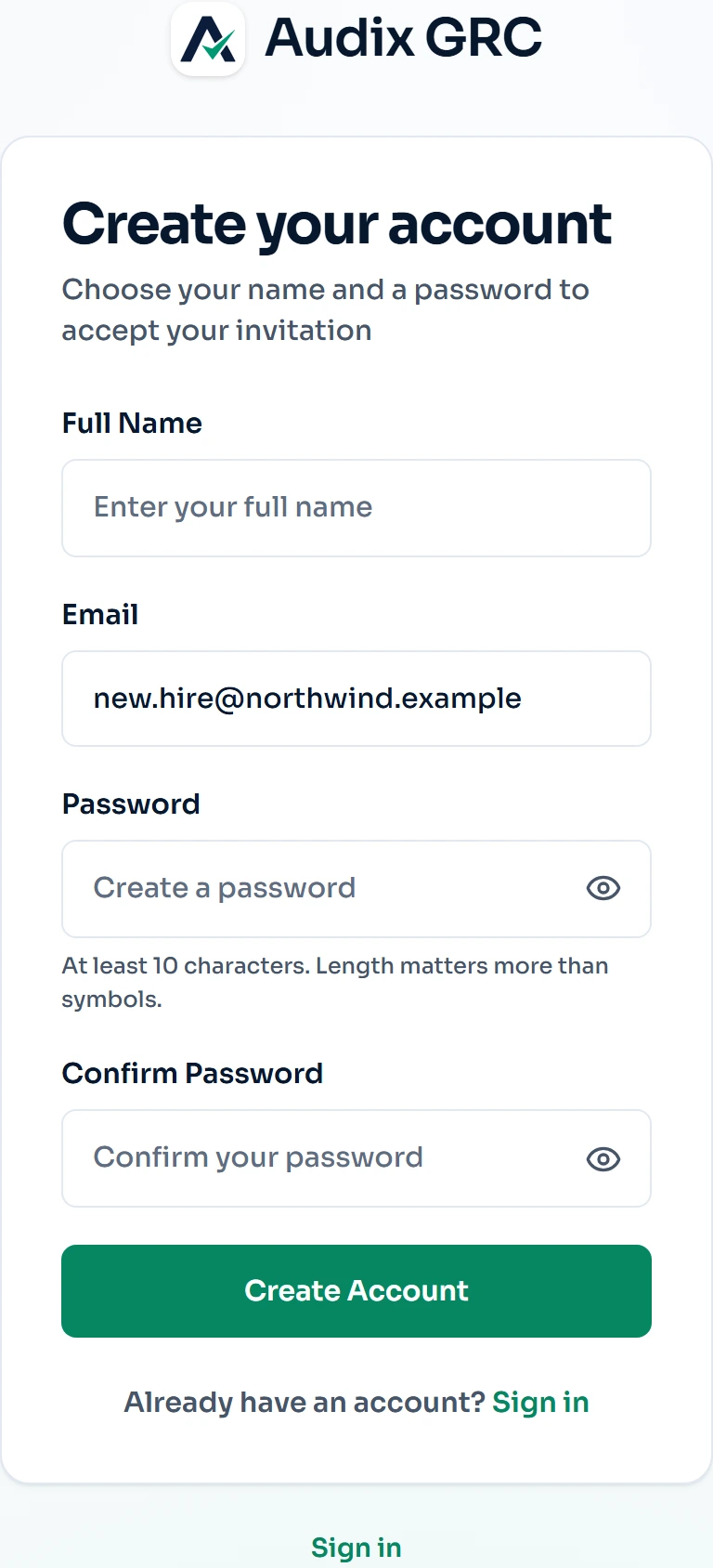 Where an invitation link lands. Setting a password is all that is left, because the organization and the role were decided by whoever invited you.