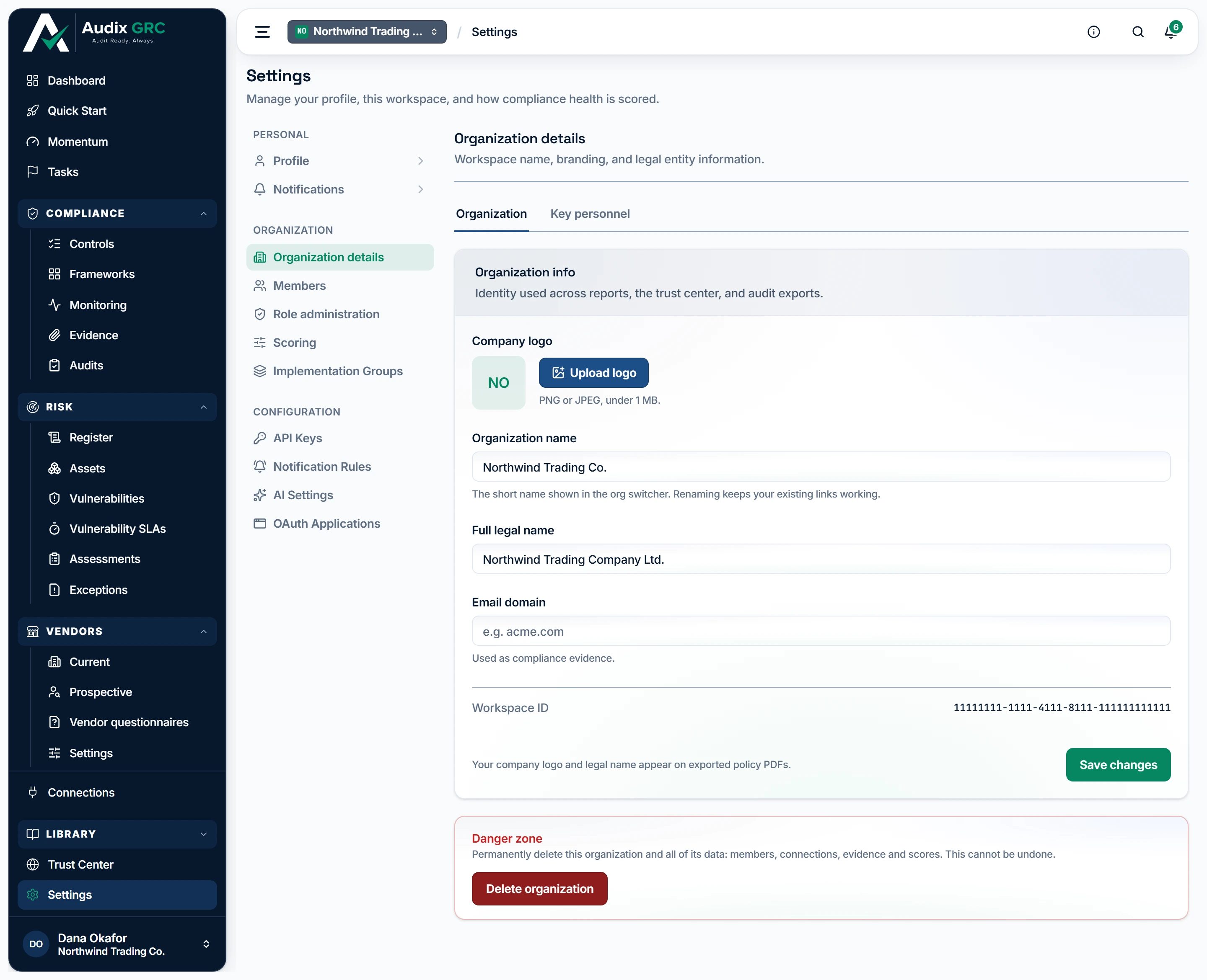 Settings opens on the organization itself. The list on the left is where the rest of this section lives: Members for who is in the workspace, Role administration for what they can do, API Keys for tokens that call the API as you.