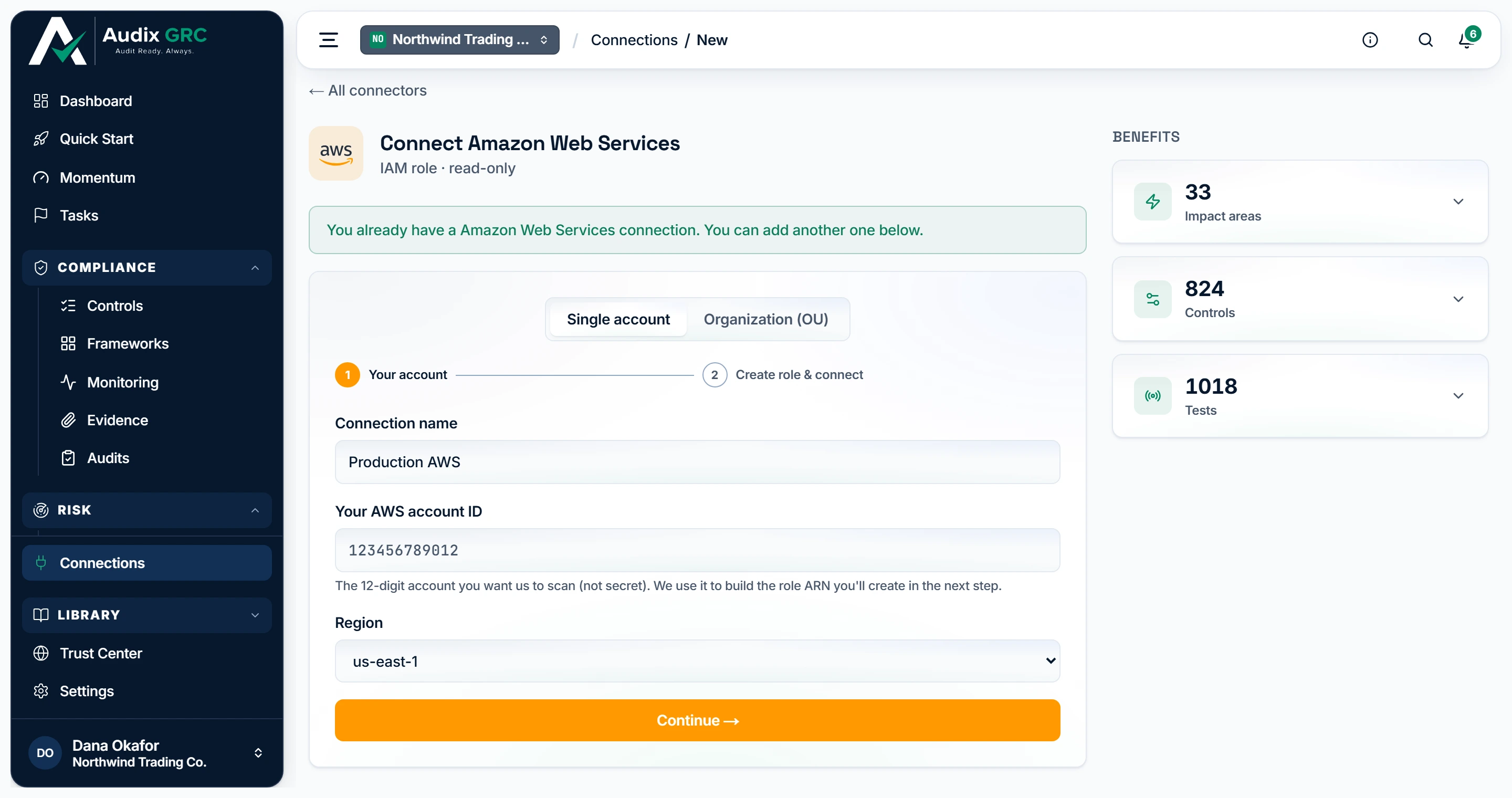 Inside one connector. AWS asks only for an account and a region; the credential step happens in your own console.