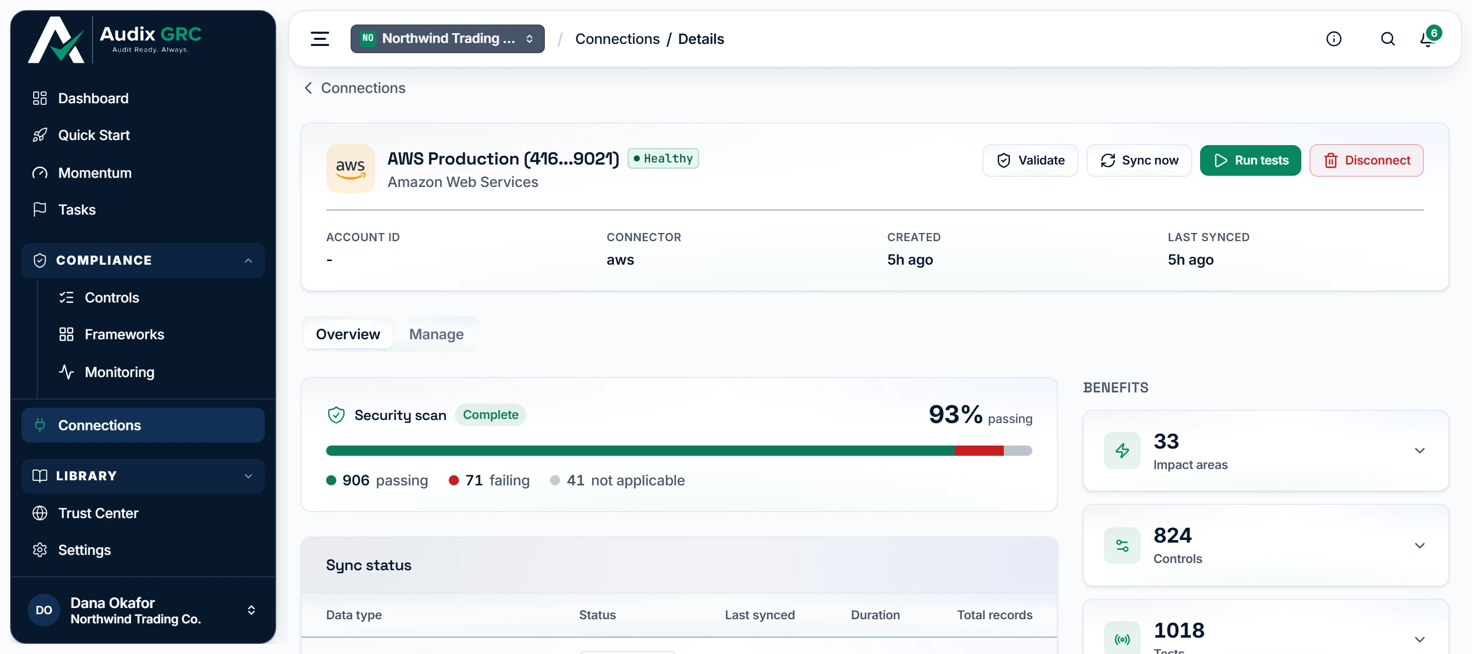 One connection's own page: what its checks currently say, when it last collected, and how many controls and tests this single tool switches on.