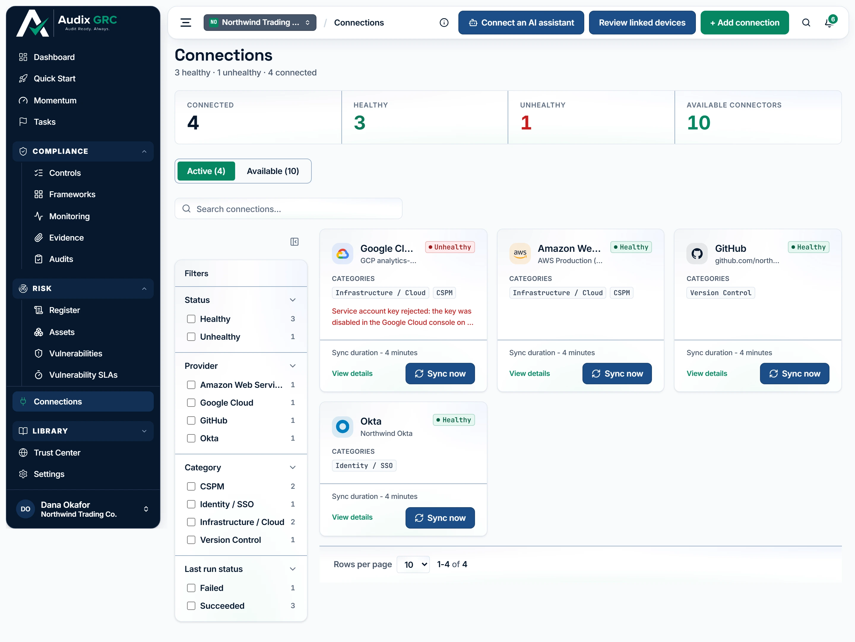 One card per connected tool, with its categories and how long its last collection took. The unhealthy one repeats the reason the tool itself gave for refusing the credential.