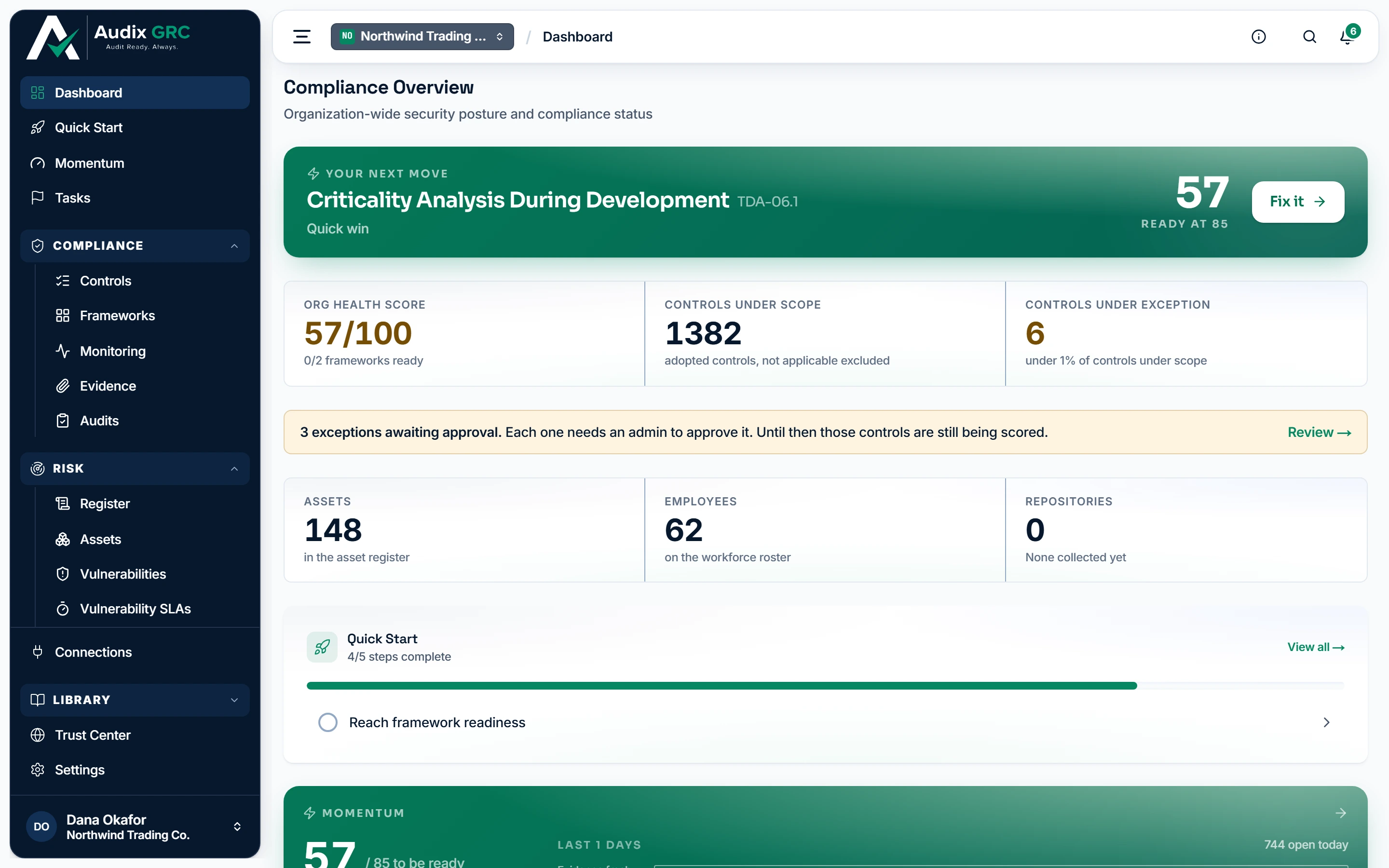 The dashboard for an organization that has adopted at least one framework.