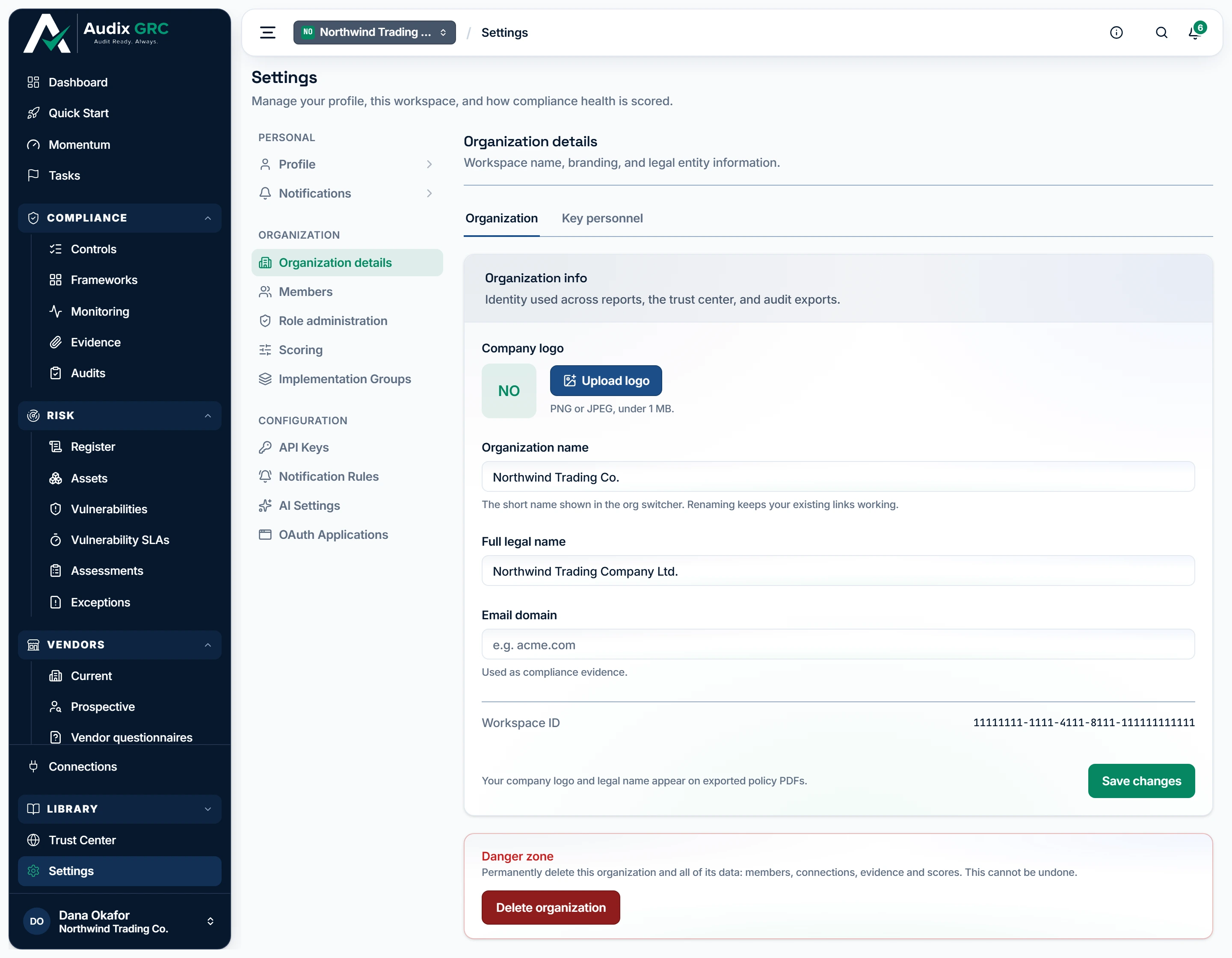 A member sees this same page with the same panels. What changes is that the forms are locked, each with one sentence naming who may change them; an auditor is refused every write across the product, this page included.
