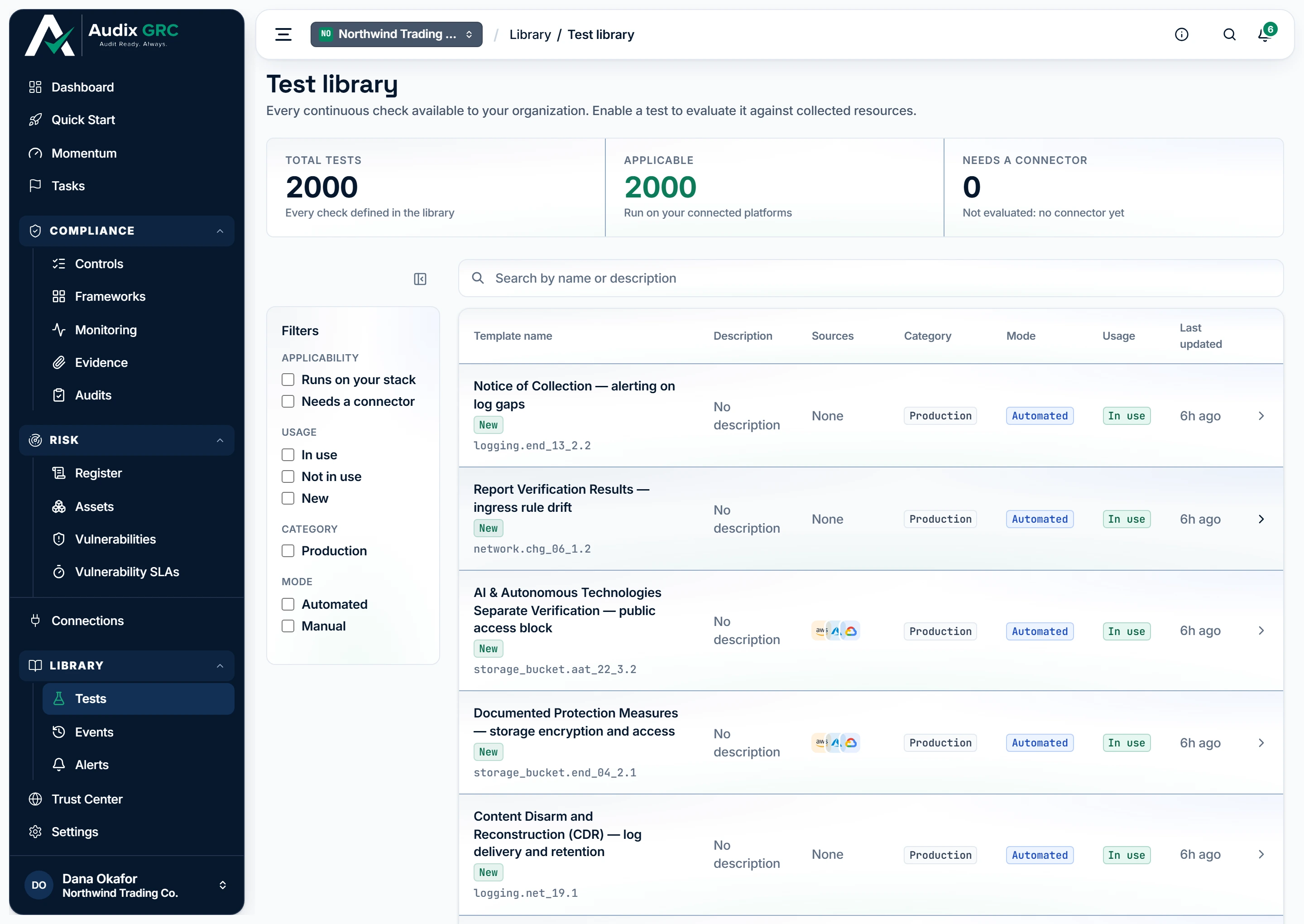 Every check the platform can run, whether your connections can supply what it reads, and whether your organisation has it switched on.