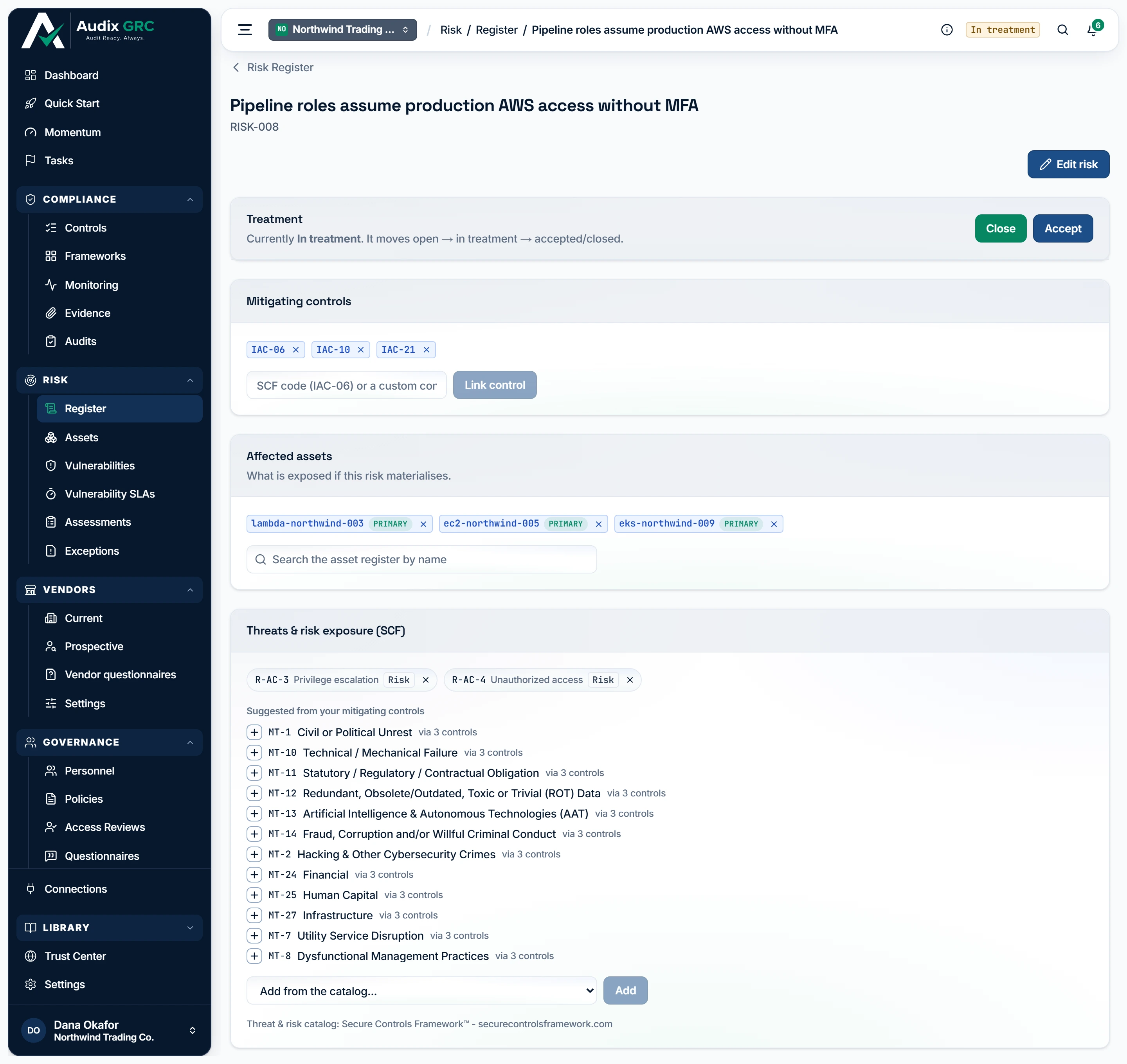 One risk opened up: the treatment card names the status and offers only the moves that status allows, then the control library, the asset inventory and the SCF threat catalogue are each pinned to this one risk. Further down, the same page shows the inherent and residual scores side by side.