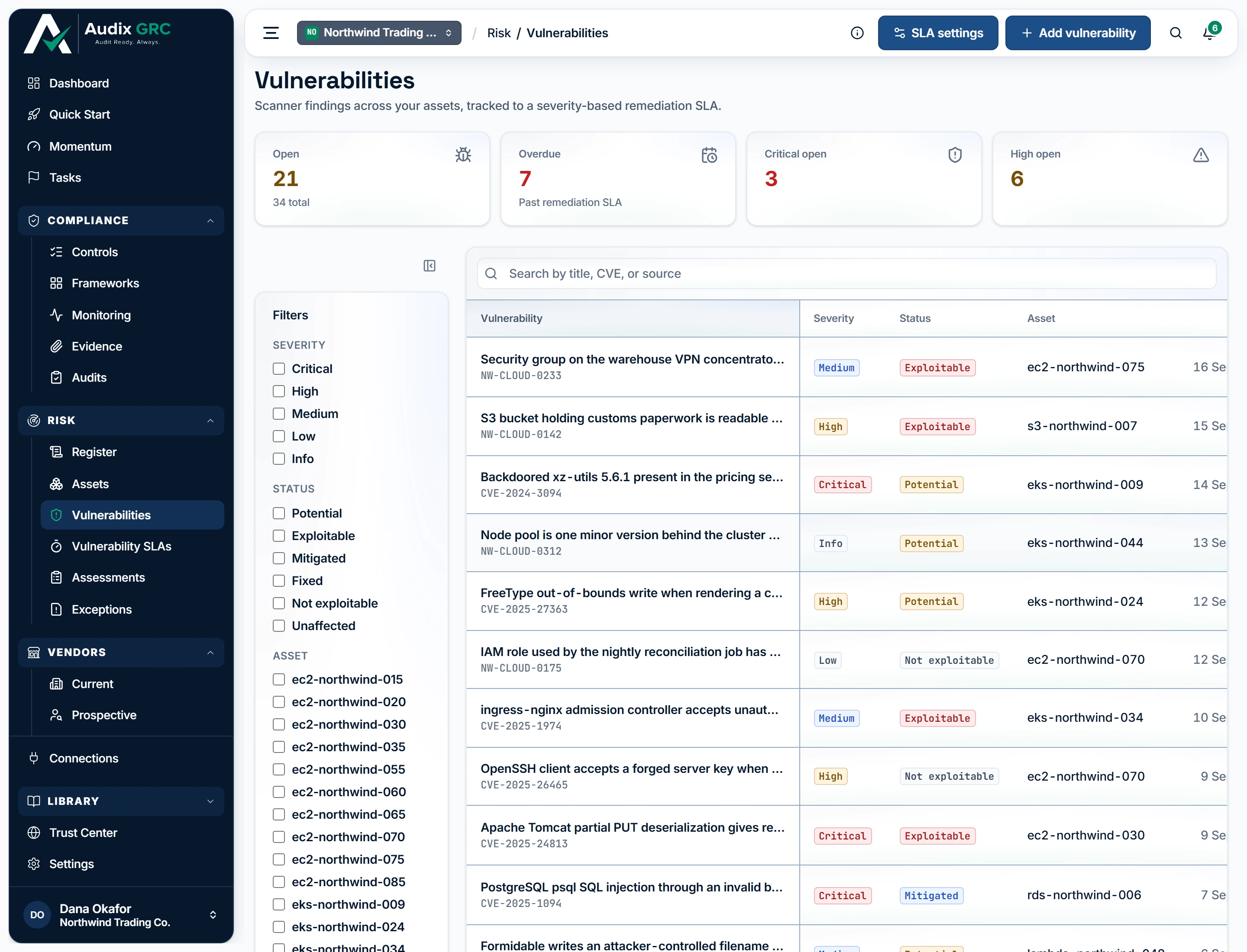Scanner findings and CVEs against the assets in your inventory. Each row names the asset it was found on and carries a remediation deadline, in a due-date column further along the row; leave that date blank when you record a finding and the platform works it out from the SLA policy for that severity.