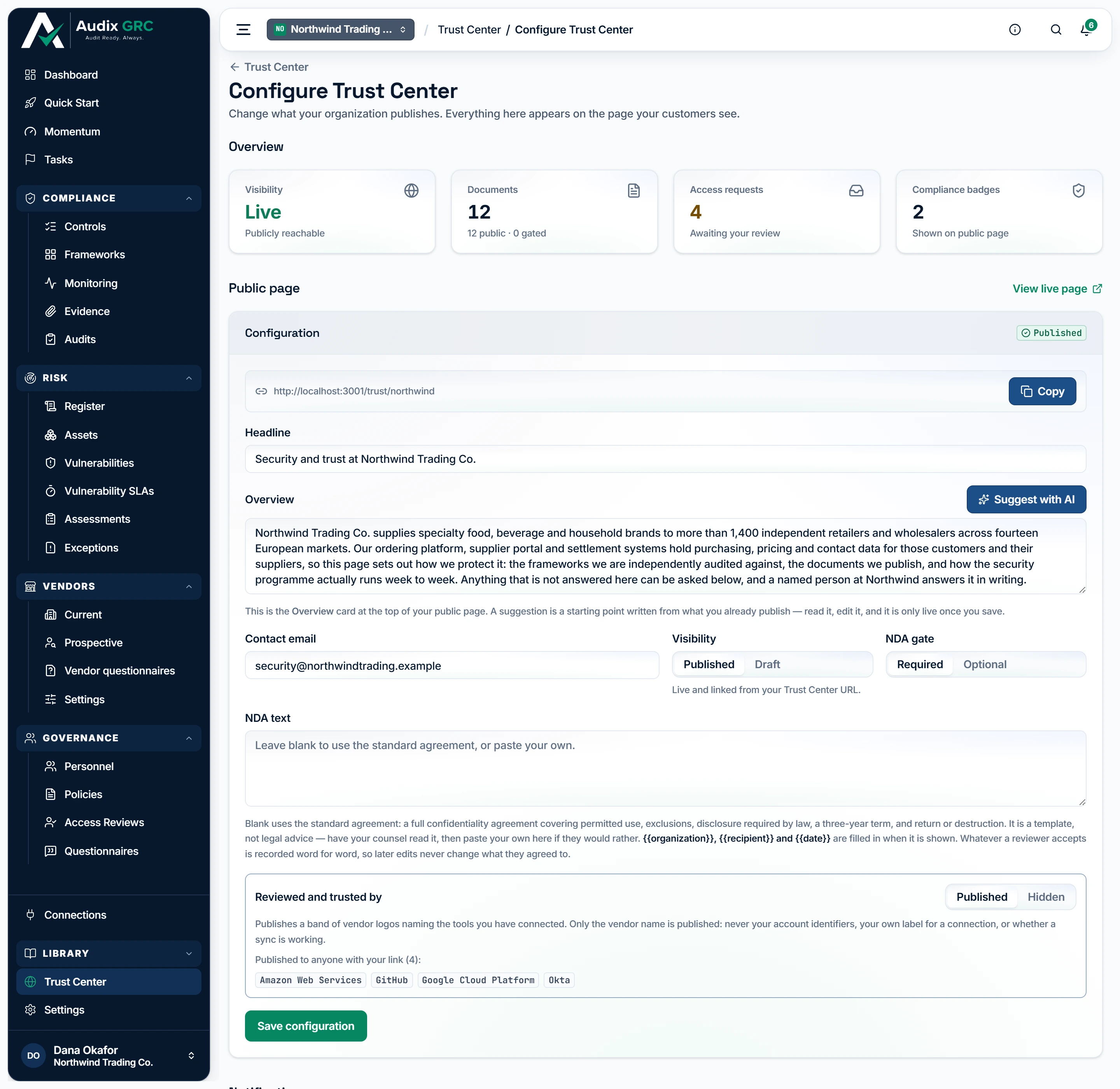 One form decides what the public page says. Below what is shown here it continues with notifications, compliance badges, practice cards, documents and the access queue.